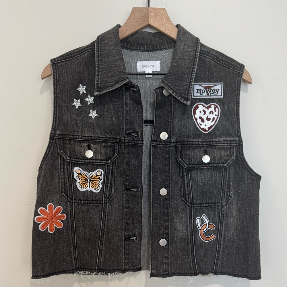 Evereve Robbie Denim Vest‎ Black with Patchwork Size L Cowgirl Festival